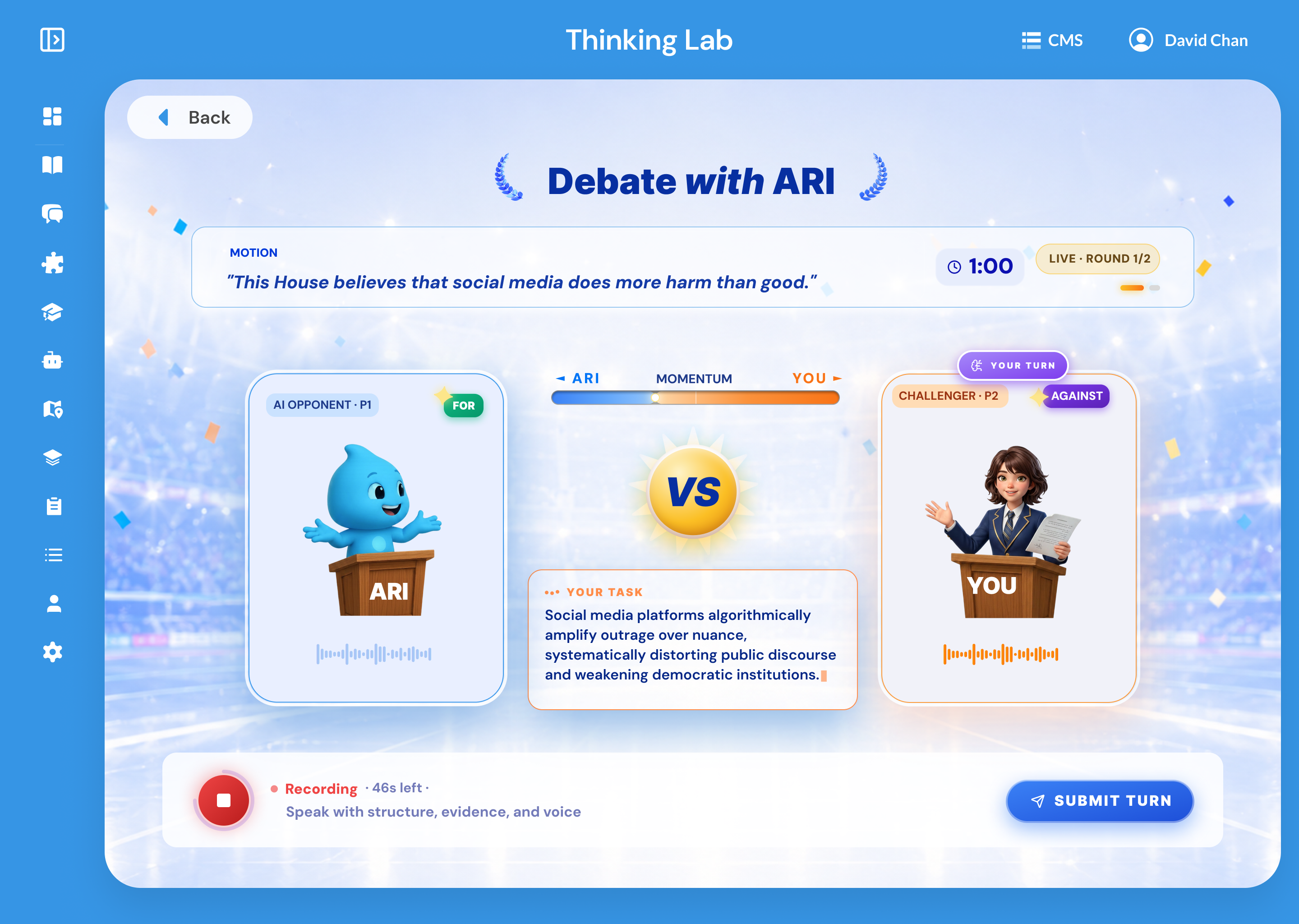 ARI vs YOU real-time AI debate interface